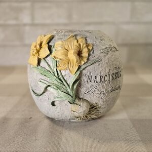 Daffodil Floral Resin Round Vase 3D Yellow Narcissus Flower & Bulb Gray Stone